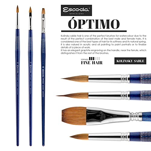 Escoda Optimo Series 1316 Artist Watercolor & Acrylic Short Handle Paint Brush, Pure Kolinsky, Bright, Size 3/4"