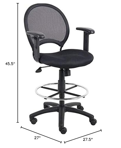 Pemberly Row Mesh Fabric Drafting Chair, Adjustable Arms, Black Finish, 45.5 in H x 27.5 in W x 27 in D, Breathable Mesh Seat, Chrome Foot Ring, Hooded Casters, Office or Studio Use