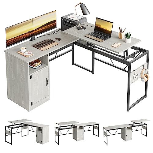 Bestier Versatile 60 Inch L-Shaped Standing Desk, Lift Top Corner Desk Extending to 95 Inches with Storage Cabinet and Hooks for Home Office, Washed White