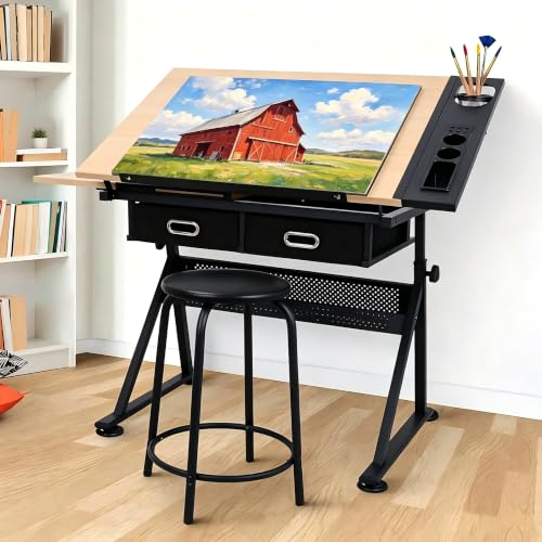 Height Adjustable Drafting Table, 0-75° Tilting Drawing Table Art Desk