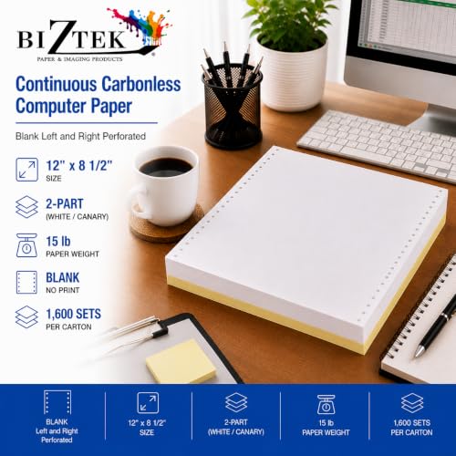 BIZTEK Continuous Carbonless Computer Paper 12 x 8 1/2, Blank Left and Right Perforated, 15 lb, 2-Part White/Canary - 1,600 sets