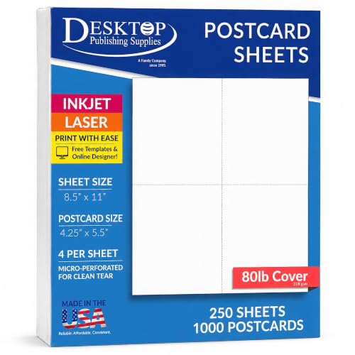 Heavyweight Blank Perforated Postcards for Printing - 250 Sheets/1000 Printable 4up Postcards, White 80lb(218gsm) 4.25" x 5.5" Cardstock Postcard Paper 4 per sheet for Mailing Marketing Invitations