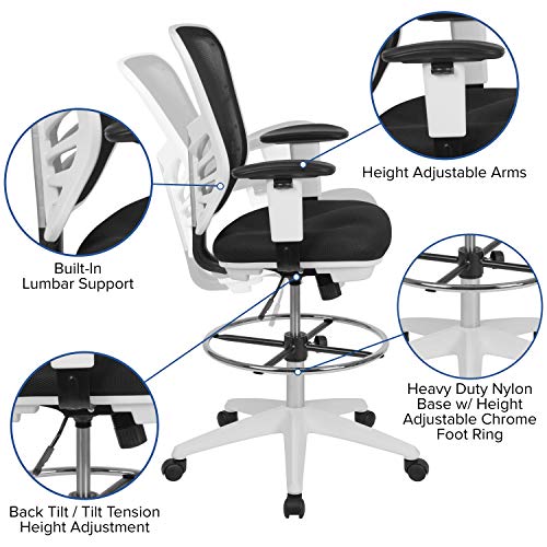 BizChair Mid-Back Black Mesh/White Frame Adjustable Ergonomic Drafting Chair, Task Chair