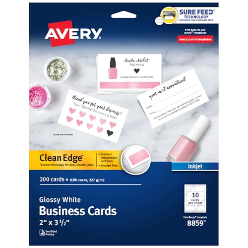 Avery Clean Edge Printable Business Cards, Sure Feed Technology, 2" x 3.5", Glossy White, 200 Blank Cards for Inkjet Printers (8859)