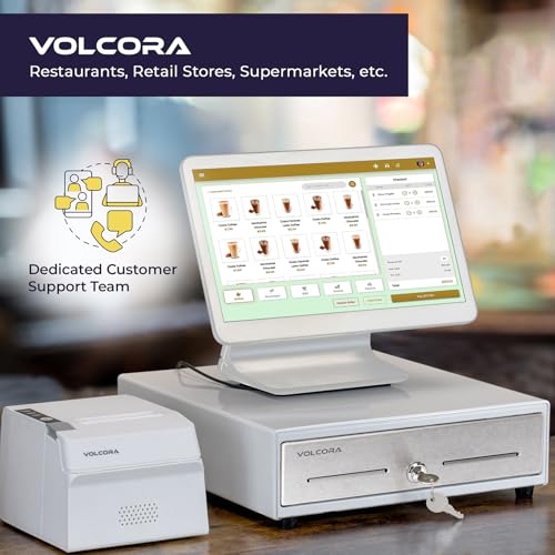 Volcora 13" Cash Register Drawer for Point of Sale System with 4 Bill 5 Coin Cash Tray, White & Stainless Steel Front Cash Drawers, Removable Coin Compartment, 12-24V, RJ11/RJ12 Key-Lock, Media Slot