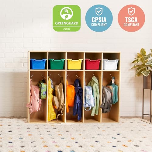 ECR4Kids Streamline 5-Section Toddler Coat Locker and 5 Scoop Front Bins, Cubby Storage, Assorted