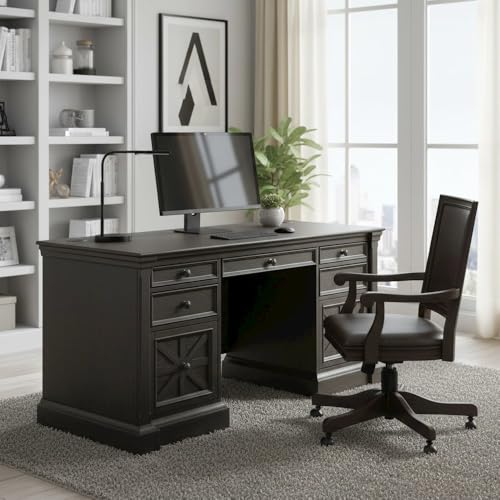 Starlight Traditional Credenza, Dark Brown, 7 Drawers, 2 Locking Files, Power Center with USB/AC, Antique Hardware, Executive Storage
