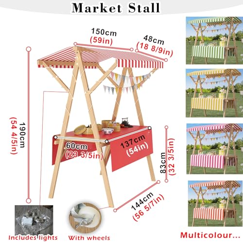 WLCGYD Portable Wooden Market Stall Display Stand for Outdoor Vendor, Foldable Kiosk Booth with Awning for Hot Dog/Ice Cream/Food, Commercial Use, 120cm 150cm(Orange,150x60cm/59x23.6in)