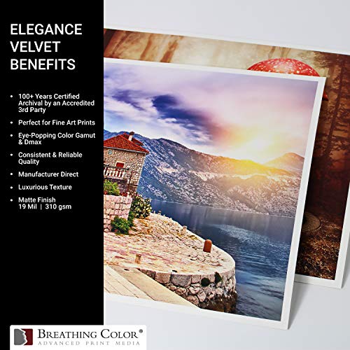 Elegance Velvet 17 in x 25 in, 25 Sheets is a Premium Matte 310 gsm, Cold Pressed Bright White Museum Grade Fine Art Inkjet Paper, Compatible with Most Dye-Based and Pigment Printers