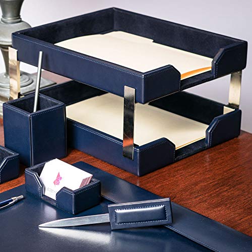 Dacasso Navy Blue Bonded Leather Double Letter Trays