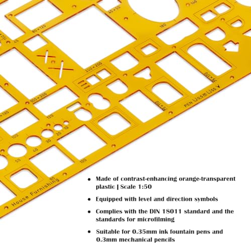 Aristo AR5063 Architect Furniture Stencil (1:50, Display of Plans of Furnishings, Ink Nubs, Dimensionally Stable PET Plastic) Orange/Transparent