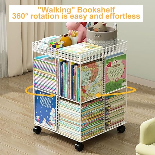 Atkits Four Sided Design Metal Rolling Cart Mobile Book Shelf Cart Moveable Bookshelf on Wheels,Magazine Rack Book Carts,Bookcases for Kids Children Students Study,Black