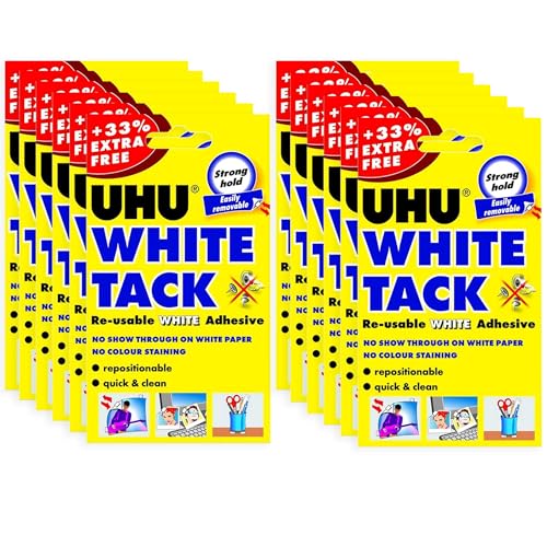 UHU White Tack - Sticky Reusable Adhesive Putty Glue, Wall Adhesive - Pack of 12