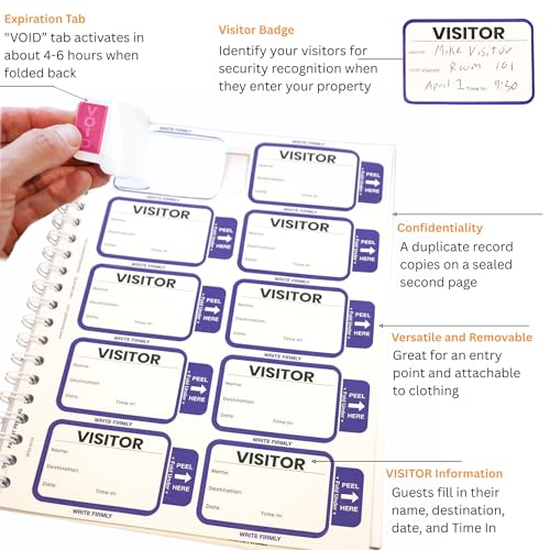 Specialist ID Visitor Log Book for Business or Schools - Expiring Visitor Sticker Badges and Sign in Book with Carbon Copy Record Keeping for Guest Tracking - Spiral Binder Registry (200 Badges)