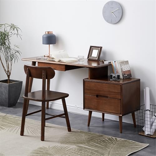 YUHUAWF Writing Desk 47.2" Solid Wood Home Office Desk, Walnut Color Writing Study Corner with Small Storage Cabinet Computer Desks