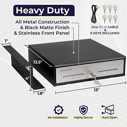 Cash Register Drawer with Under Counter Mounting Bracket - 13" Black Cash Drawer for POS, Stainless Steel Front, 4 Bill 5 Coin, Fully Removable 2 Tier Cash Tray, 12-24V RJ11/RJ12 Key-Lock
