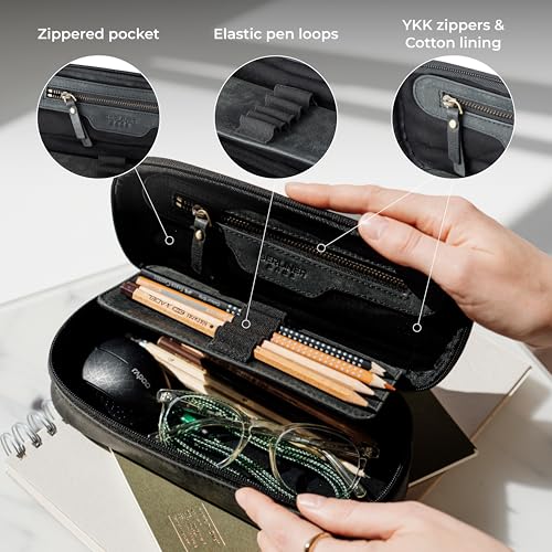 BERLINER BAGS Full Grain Leather Pencil Case Felix For Men Women, Dark Grey
