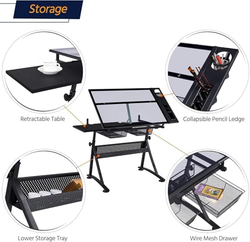 LALFPET Adjustable Height Glass Top Drawing Table - Tiltable Desktop - Storage Drawers - Extra Side Desktop and Stool - Folding Artist Craft Desk for Adults - Black