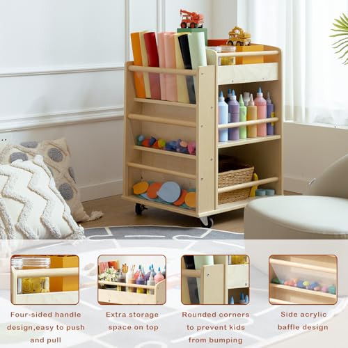 kidi house Art Cart Organizer on Wheels 3-Tier Wooden Rolling Craft Cart