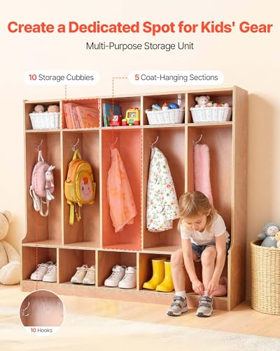 VEVOR 5-Section Coat Locker with Bench, Kids Lockers with 10 Hooks & Non-Slip Mat, Classroom Cubbies for Daycare, Home, Kindergarten- Natural