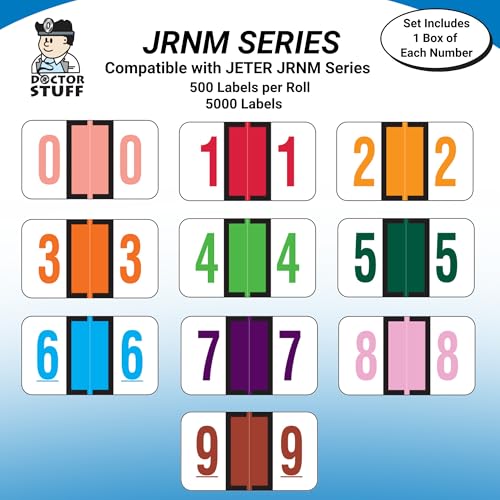 Doctor Stuff - File Folder Labels, Complete Set of Numbers 0-9, Jeter 6100 Match - JRNM Series Chart Stickers, 15/16" x 1-5/8", 1 Each of 10 Rolls, 500/Roll