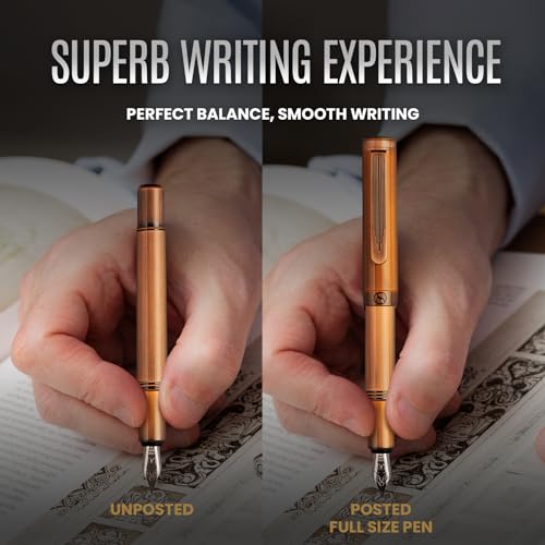 Scriveiner Luxury EDC Fountain Pen (Medium), Stunning Heavy Brass Pocket Pen, Hand Brushed Copper Finish, Schmidt German Nib Converter, Best Writing Pen Gift Set for Men Women, Nice Fancy Designer Pen