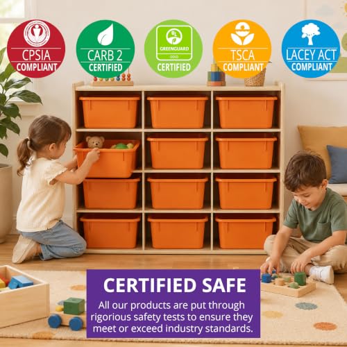 Contender 12 Compartment Kids Cube Locker Shelf with Orange Bins, Hardwood Montessori Shelves Organizers for Daycare, Nursery, Offices, Backpack Shelving Unit