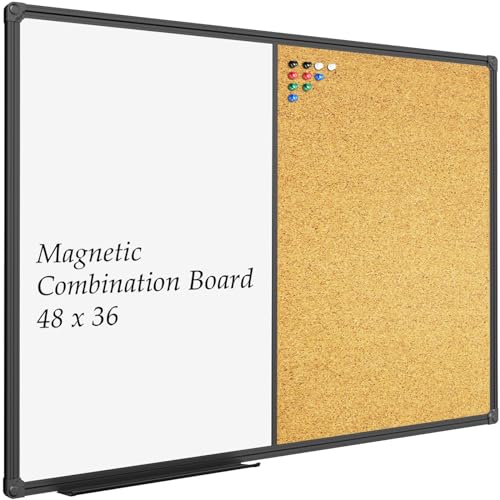 JILoffice White Board & Bulletin Corkboard Combination, Combo Board 48 x 36 Magnetic Whiteboard, Black Aluminum Frame Wall Mounted Board for Office Home and School with 10 Push Pins