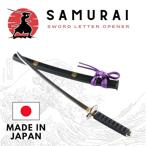 Samurai Sword Letter Opener, Mini Katana with Display Stand 8.3 inch - Made in Japan (Black)
