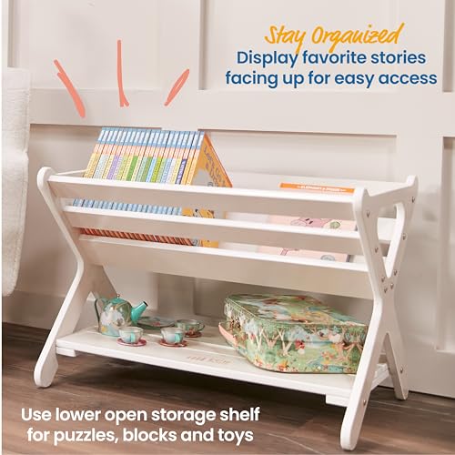 ECR4Kids Wooden Book Caddy with Storage Shelf and Handles, White Wash