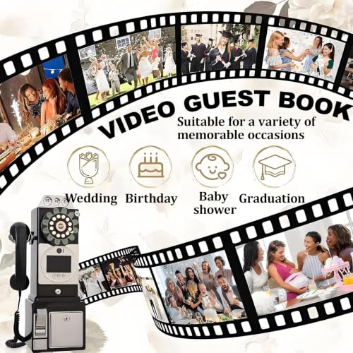DzkZen Retro Style Wedding Video Guest Book, Vintage Telephone Booth with MP4 Video & Audio Message Recording, 5000mAh Battery Capacity, 5-7 Hours Usage, Guestbooks Black-64GB