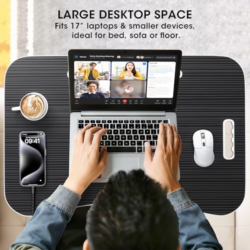 Frpufi Folding Lap Desk, 23.6 Inch Wood Laptop Bed Desk with Cup Holder, Portable Bed Table for Working Writing Reading & Eating for Bed, Sofa, Couch, Floor - Black