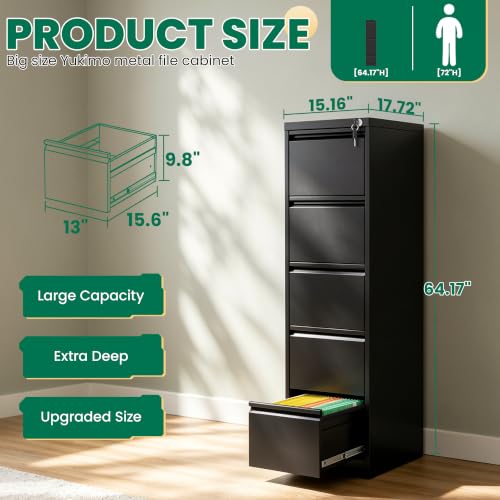 5 Drawer File Cabinet with Lock, Metal Vertical File Cabinets for Home Office, Office Furniture for Organization Hanging Legal/Letter/A4, Office File Cabinet Storage Cabinet, Require Assembly, Black