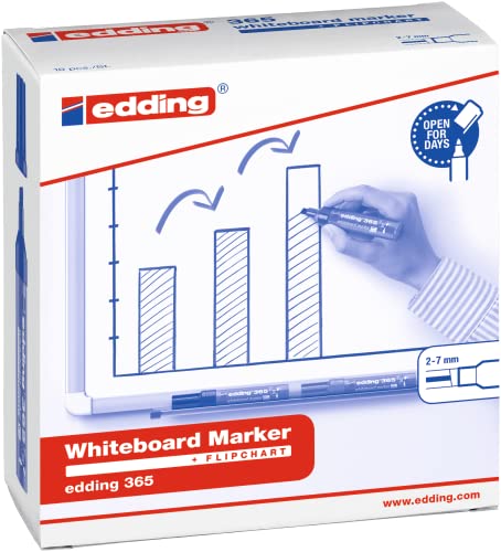 Edding 365 Whiteboard Marker Pen - Black - 10 Pens - Chisel Tip 2-7mm - For Whiteboard, Glass, Slate, Easel - Dry Erase Without Residue, No Dry