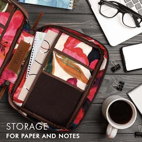 ELIZO Full Grain Leather Bible Cover for Women, Floral Large Bible Cases for Woman, Genuine Leather Sleeve Pouch Organizer Protector Carrying Bag with Zipper Christian Gifts for Women Bookmark, Cognac