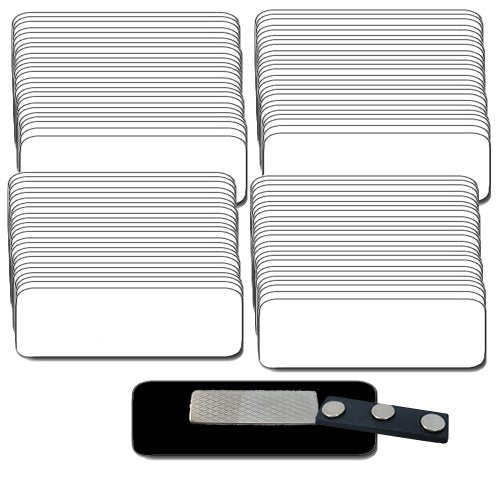 Magnetic Name Tags/Badges with Super Strong Magnetic Fasteners UNATTACHED - 100 Pack Kit Includes Crystal Clear Gloss Printable Labels - White Name Badges with 1/4th Rounded Corners 1 X 3 Inch Size
