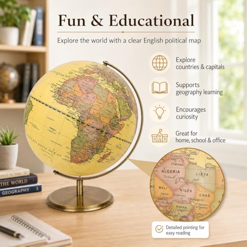 Exerz 12 Inches Antique World Globe Bronzed Metal Arc Base Vintage Look