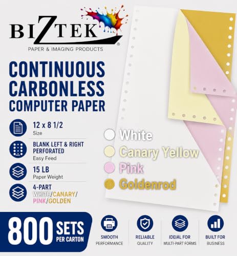 BIZTEK Continuous Carbonless Computer Paper 12 x 8 1/2, Blank Left and Right Perforated, 15 lb, 4-Part White/Canary/Pink/Golden - 800 Sets