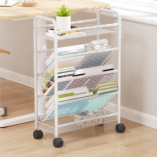 Xadkmwsfm Rolling Book Cart, Multi-Layer Storage Cart, Storage Rack with Wheels, Metal Mobile Bookshelf, Multifunctional Trolley for Living Room, Kitchen, Study(White,16.5 * 7.5 * 25.8IN)