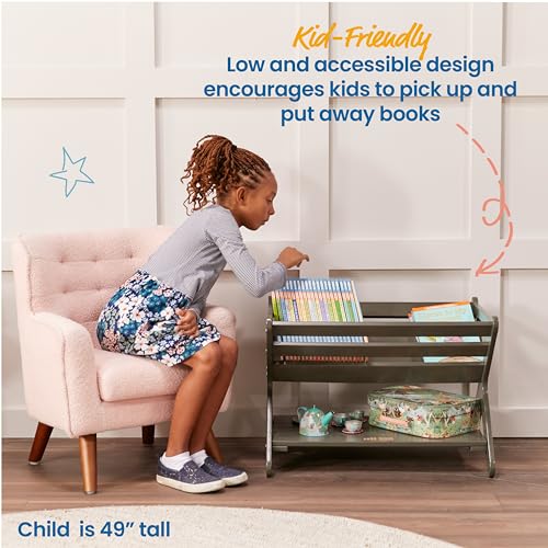 ECR4Kids Wooden Book Caddy with Storage Shelf and Handles, Grey Wash