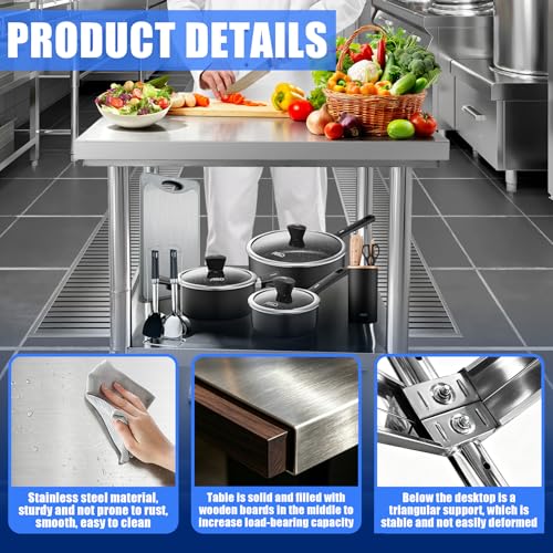 Srehloe Stainless Steel Work Table with 4 Wheels 24 x 18 x 34 Inch Adjustable Metal Commercial Prep Workstation 2-Tier Heavy Duty Mobile Work Station Suitable for Kitchen Restaurant Hotel Garage