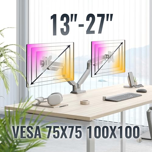 RICOO TS8811 Dual Monitor Stand Tilt Swivel 13-27 Inch VESA 75x75 100x100 Double Arm Mounting System LED LCD Screen Desk Mount Silver