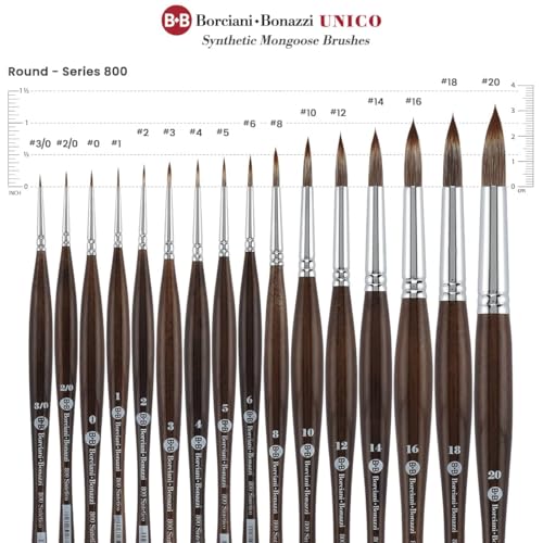 Borciani e Bonazzi Unico Synthetic Mongoose Artist Paint Brush - Series 800 Round - Size #20 - Watercolors, Oil & Acrylic Paint - Handcrafted in Italy, Anti-Roll Design, Ergonomic Medium Handle