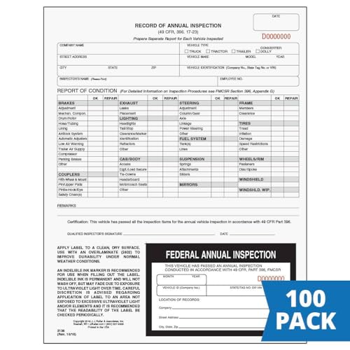 J. J. Keller Record of Annual Inspection Form and Label, 100 Pack