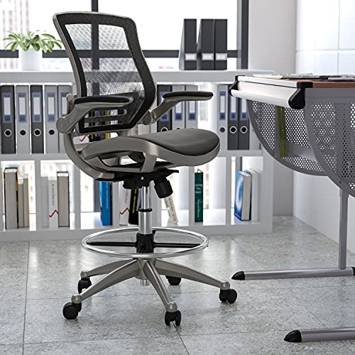 EMMA + OLIVER Graphite Gray Mid-Back Drafting Chair with Flip-Up Arms