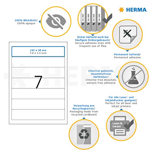 HERMA Self Adhesive Spine Labels, 7 Labels per A4 Sheet, 100 Sheets, 192 x 38 mm, 700 Labels, Blank Lever Arch File Folder Labels Stickers, Sticky Labels for Laser & Inkjet Printer, White