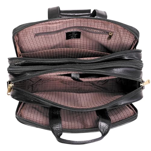 Da leather villa Full Grain Leather Briefcase for Men Top Choice Gifts Laptop Bag Multiple 16'' Compartments Brass Hardware (Black)