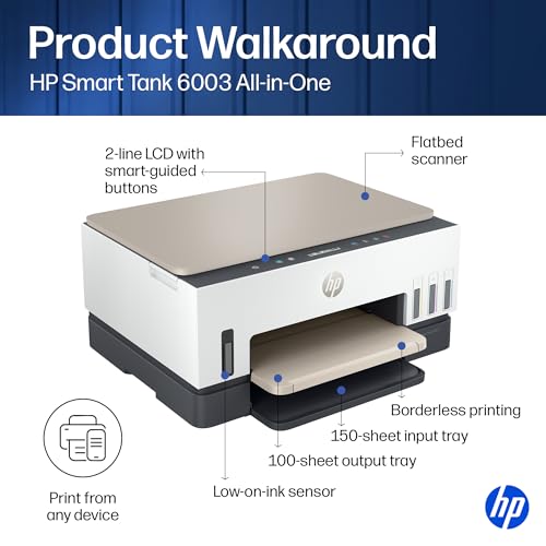 HP Smart Tank 6003 Wireless All-in-One Ink Tank Printer, Scanner, Copier with up to 3 Years of Ink Included, Best-for-Home, Cartridge-Free Refillable, AI-Capable (9B5C8A)