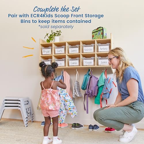 ECR4Kids 10-Section Wall-Mounted Hanging Coat Locker with Shelf, Classroom Furniture, Natural