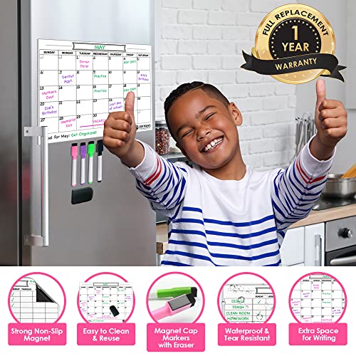 Magnetic Dry Erase Calendar Whiteboard for Fridge – Great for Family, Kids, Workout, Menu Planner – Helps to Get Organized - Includes Markers and Eraser (White)
